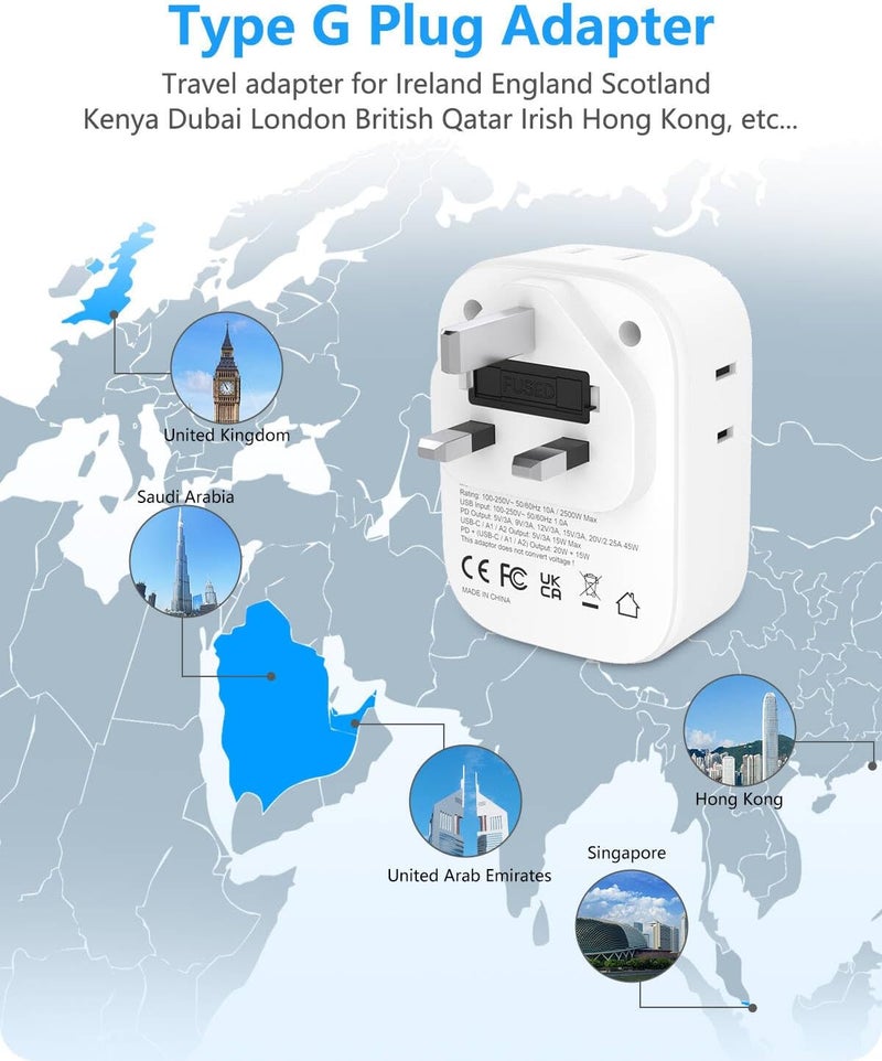 Lencent US to UK Ireland Travel Plug Adapter,PD 45W Grounded Type G Adapter for Travel with 4 Outlets 4 USB Ports (2 USB C), Power Plug for USA to Dubai Scotland British London England Hong Kong Irish - Image 2